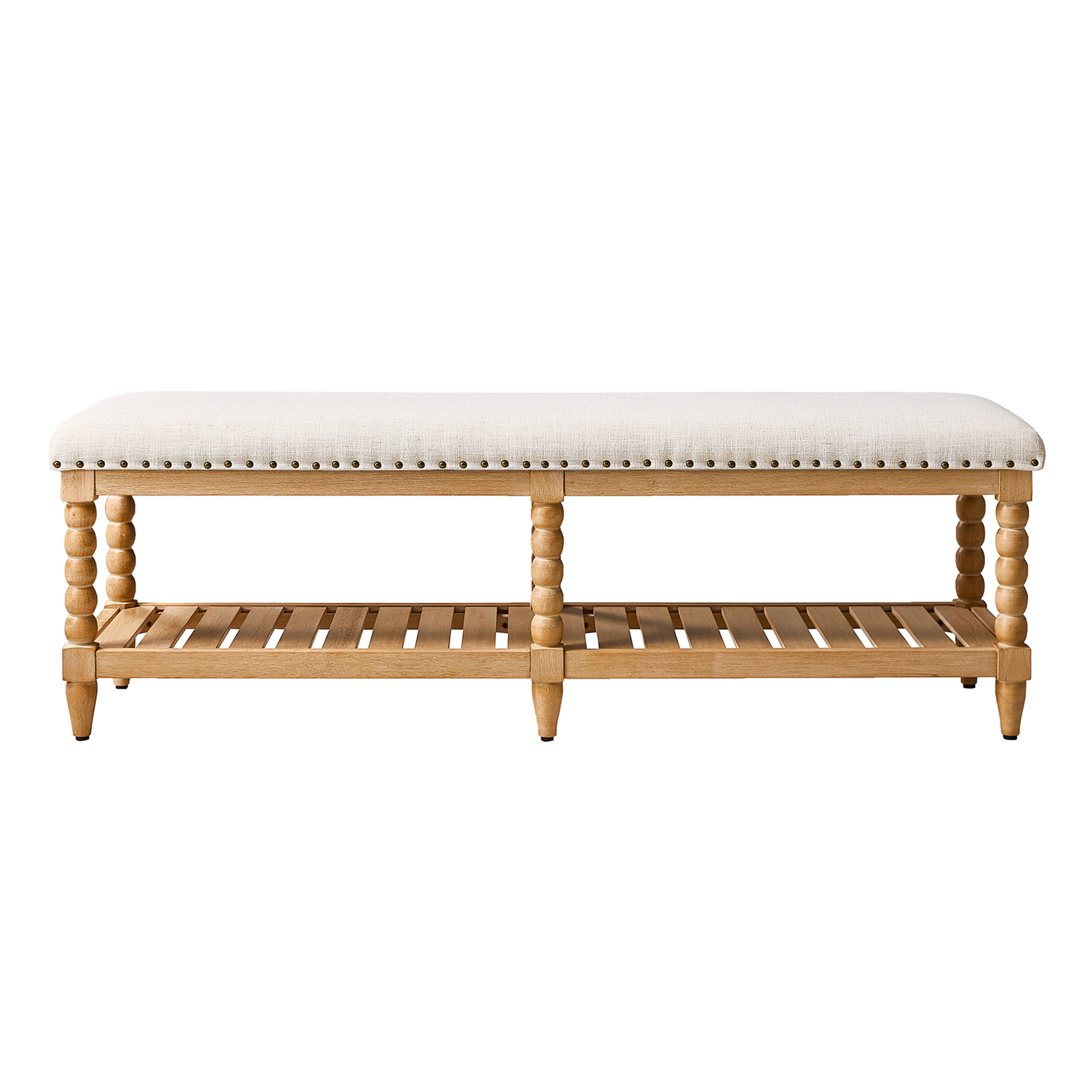 Orbel Rubber Wood Bobbin Upholstered Bench with Shoe Storage | World Market