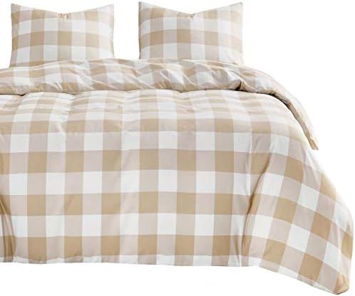 Amazon.com: Wake In Cloud - Plaid Comforter Set, Beige and White Buffalo Check Gingham Checker Ge... | Amazon (US)