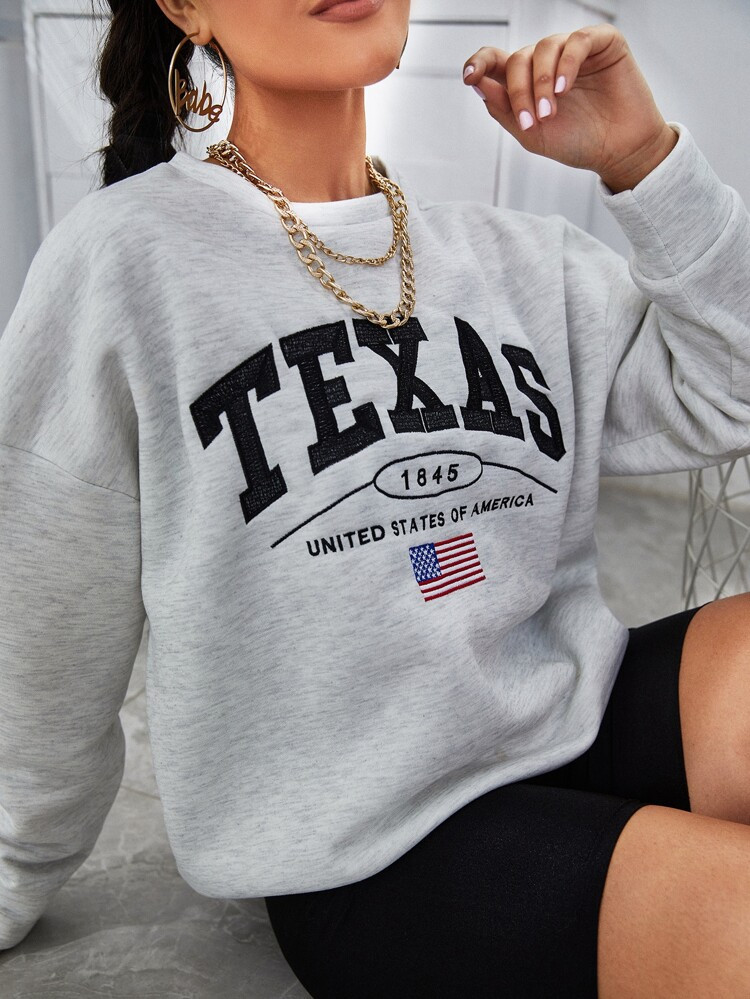 American Flag & Letter Embroidery Drop Shoulder Sweatshirt | SHEIN