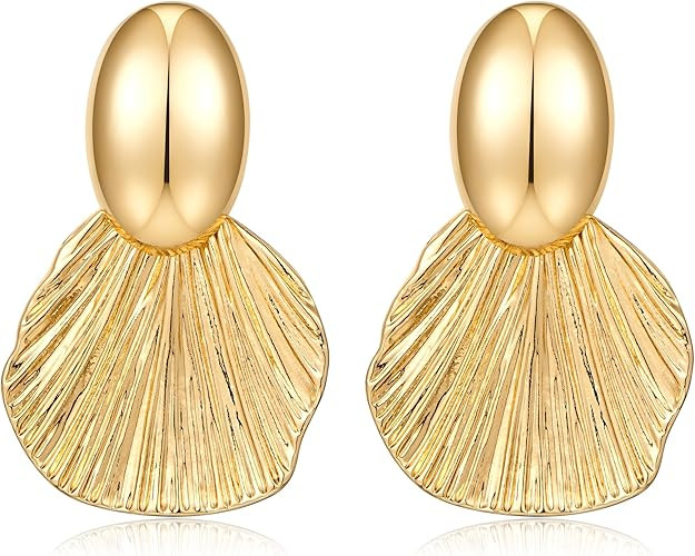Gold Plated Earrings Dangle Chunky Fan-shaped Earrings Shell Earring for Women Two-Tone Fashion S... | Amazon (US)