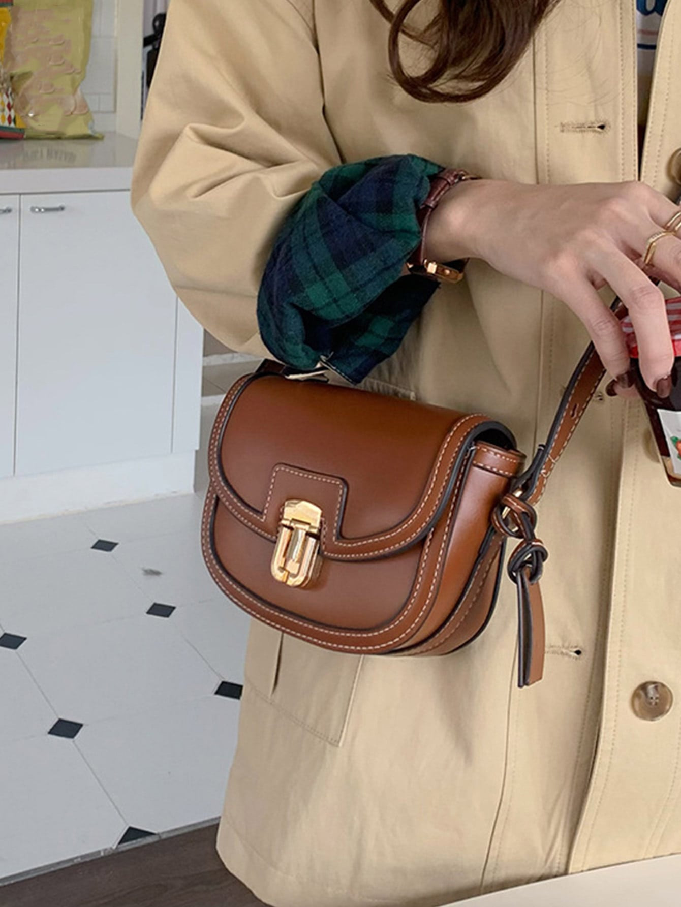 Mini Flap Saddle Bag Turn Lock Stitch Detail PU | SHEIN