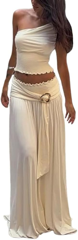 Two Piece Skirt Set for Women One Shoulder Sleeveless Crop Tops Low Waisted Long Maxi Skirt Holid... | Amazon (US)