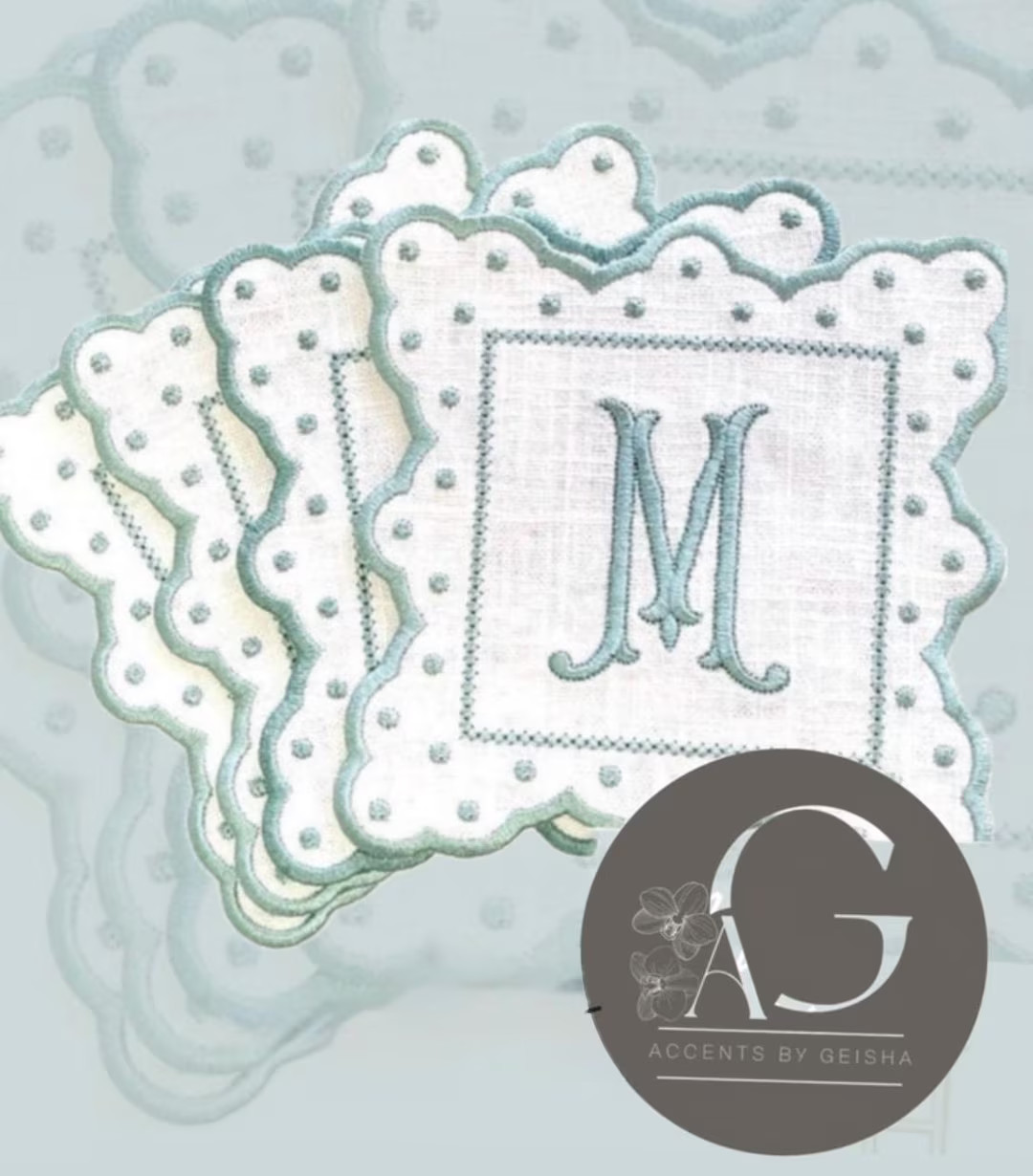 Linen hemstitched Swiss dots Cocktail Napkins scalloped edge Napkin Embroidered Napkin brodées S... | Etsy (US)