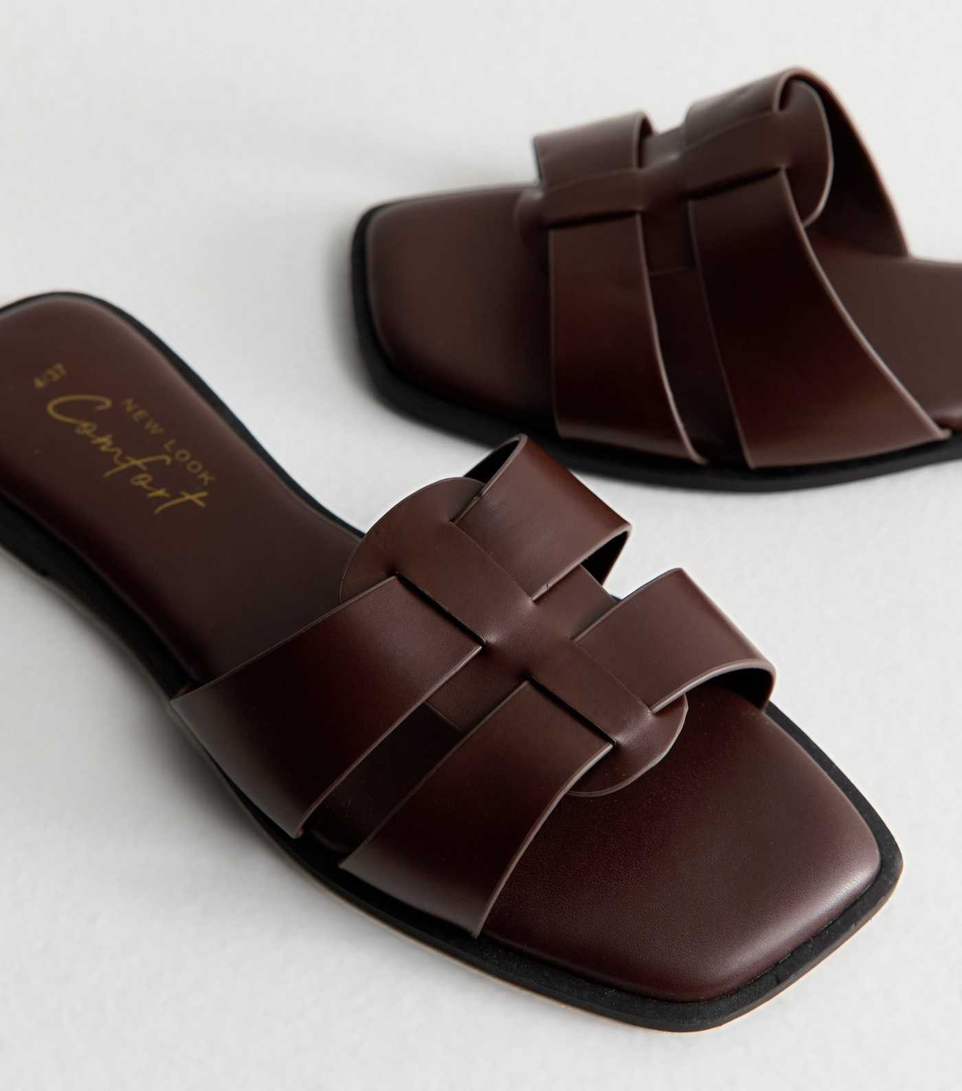 Dark Brown Faux Leather Woven Straps Mule Sandals | New Look | New Look (UK)