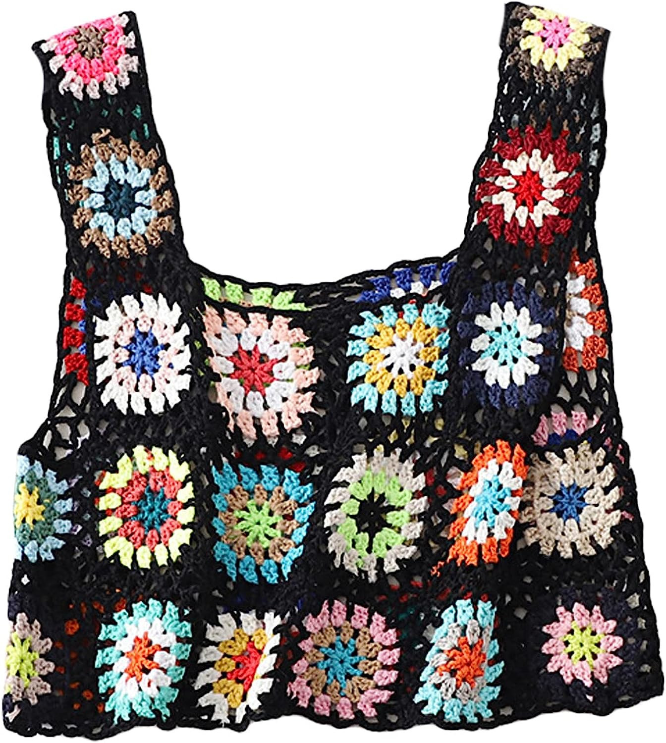 Women's Summer Crochet Tank Top Colorful Floral Embroidery Knit Vest Tops Boho Camisole Beachwear | Amazon (US)