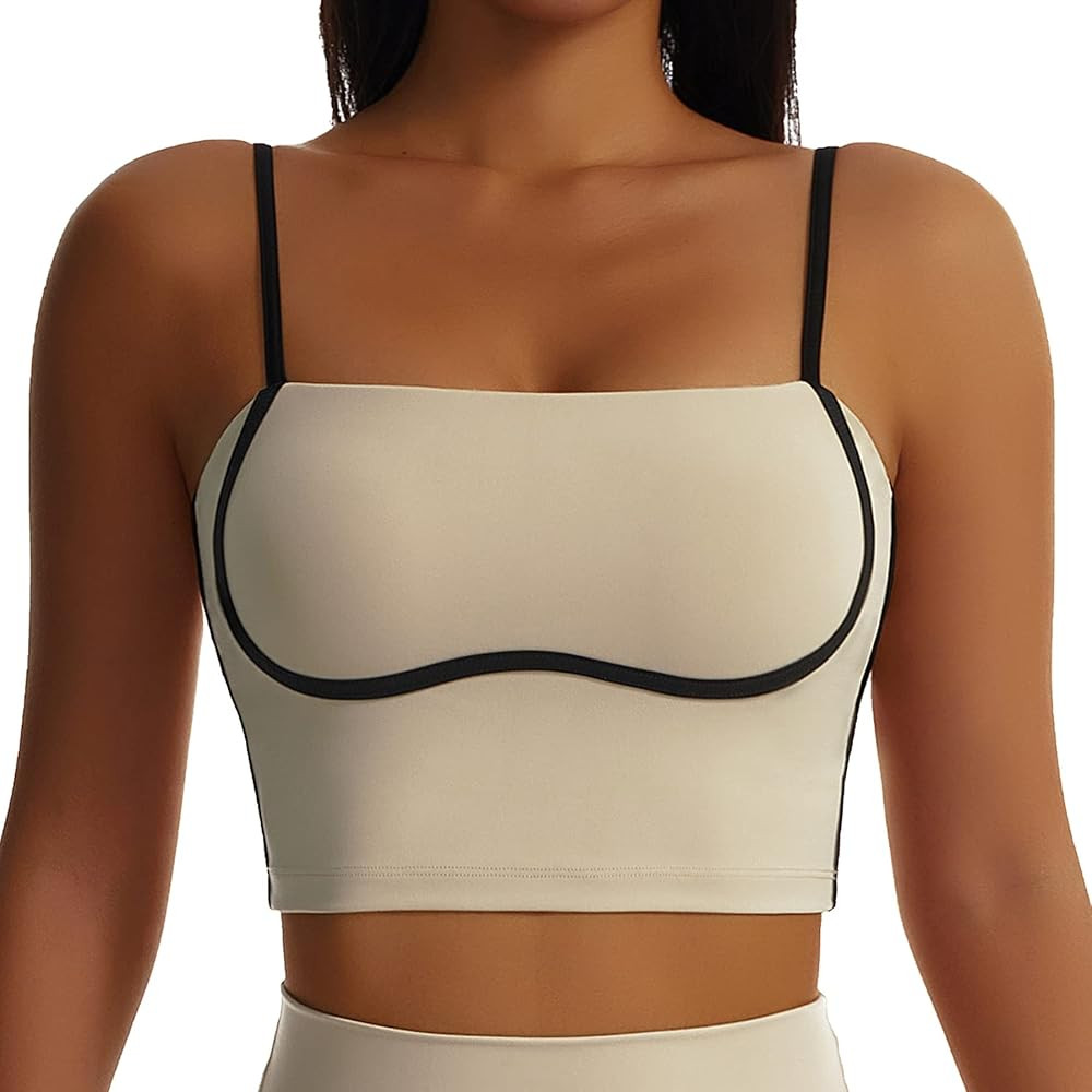 SEAUR Women’s Sport Bra Spaghetti Straps Wirefree Padded Yoga Bras Gym Running Workout Crop Tan... | Amazon (US)