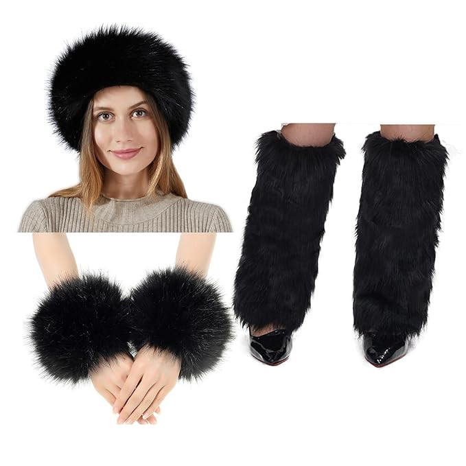 5 Pieces Faux Fur Headband Arm Cuffs Leg Warmers Ear Furry Warmers for Cold Weather Furry Costume... | Amazon (US)