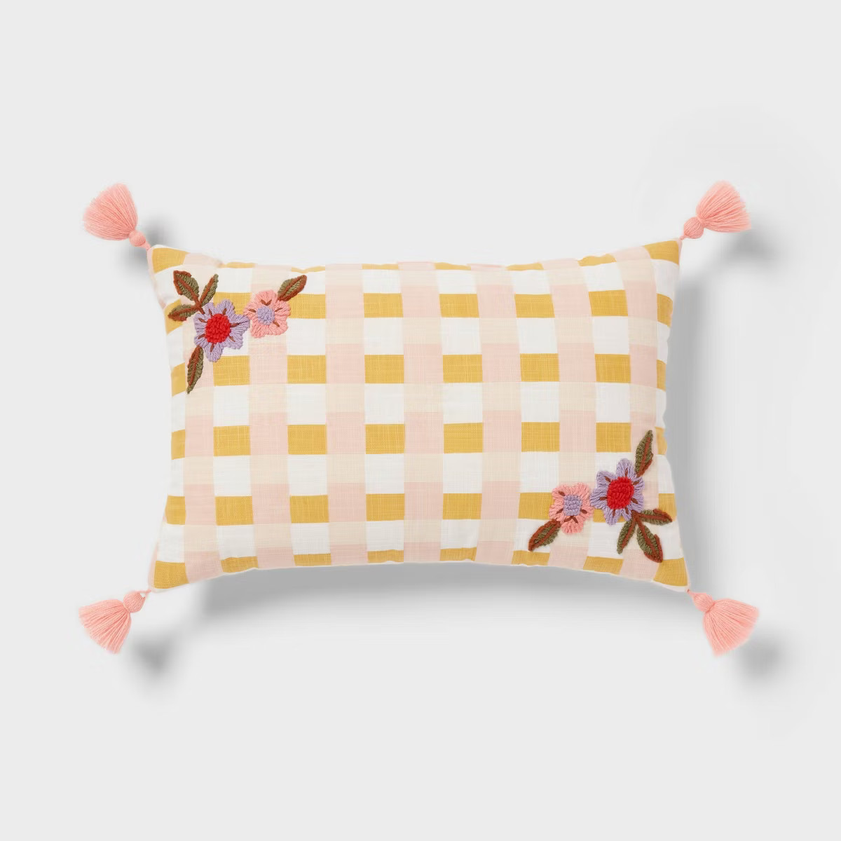 Checkered with Flower Embroidery Kids' Decorative Pillow - Pillowfort™ | Target