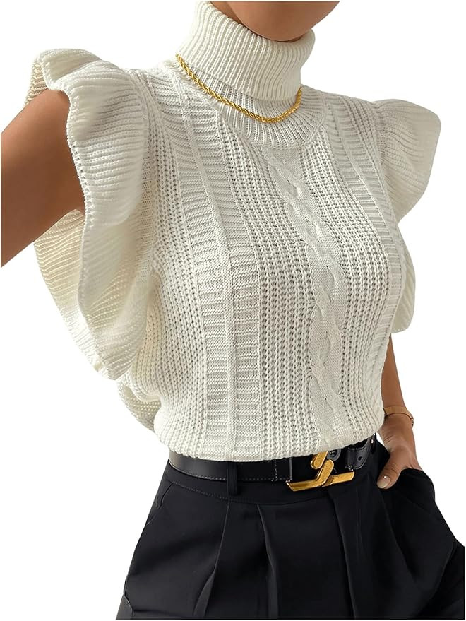 Floerns Women's Ruffle Trim Cable Knit Sweater Vest Turtleneck Sleeveless Tank Tops | Amazon (US)