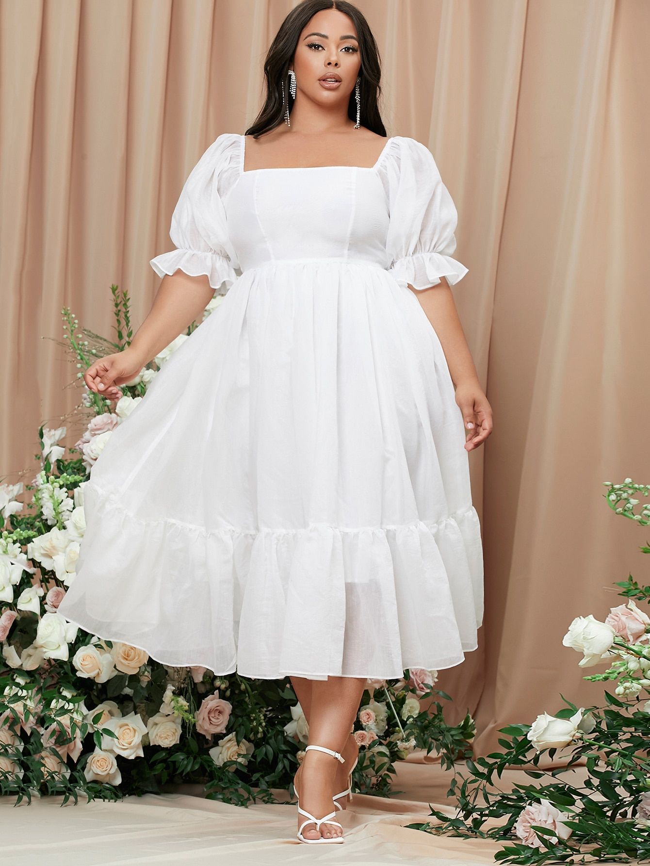 SHEIN Belle Plus Square Neck Puff Sleeve Milkmaid Wedding Dress | SHEIN