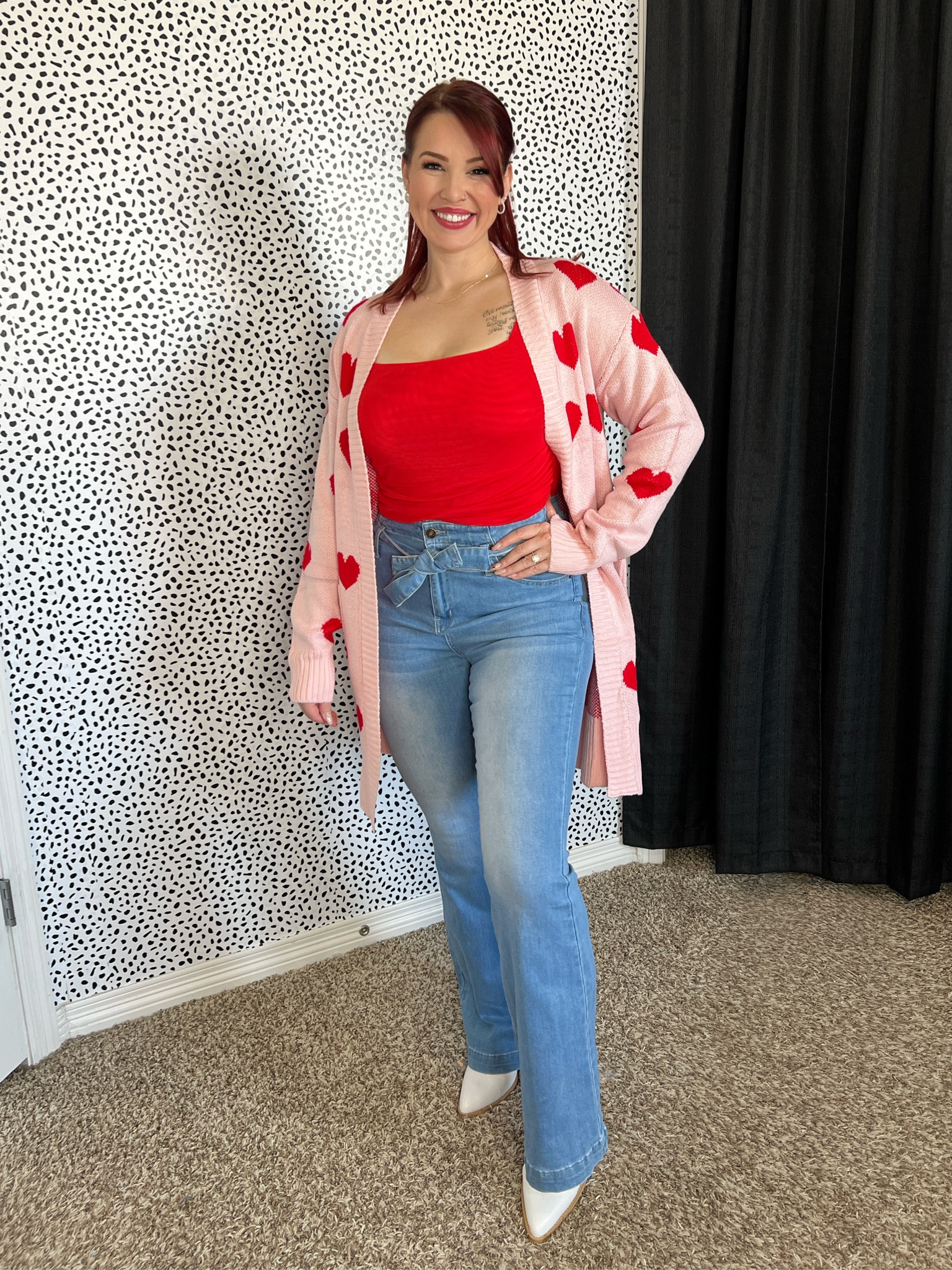 Long pink cardigan with red hearts— perfect for Valentine’s Day! ♥️
Red, square neck, body suit, flare jeans with built jeans belt/tie. White cowgirl boots!

#LTKMidsize #LTKParties #LTKSeasonal