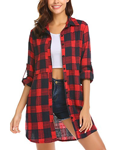 HOTOUCH Women's Red Plaid Checker Flannel Cotton Long Sleeve Shirt Dress with Pockets (Red L) | Amazon (US)