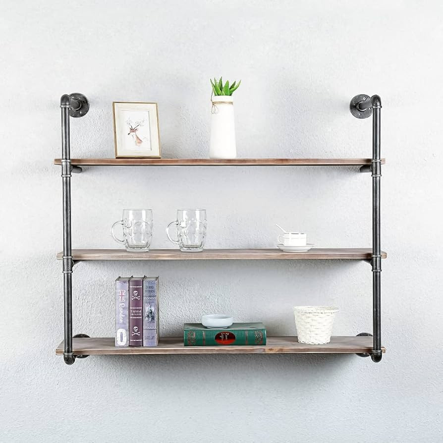 Industrial Pipe Shelving Wall Mounted,Rustic Metal Floating Shelves,Real Wood Book Shelves,Wall S... | Amazon (US)