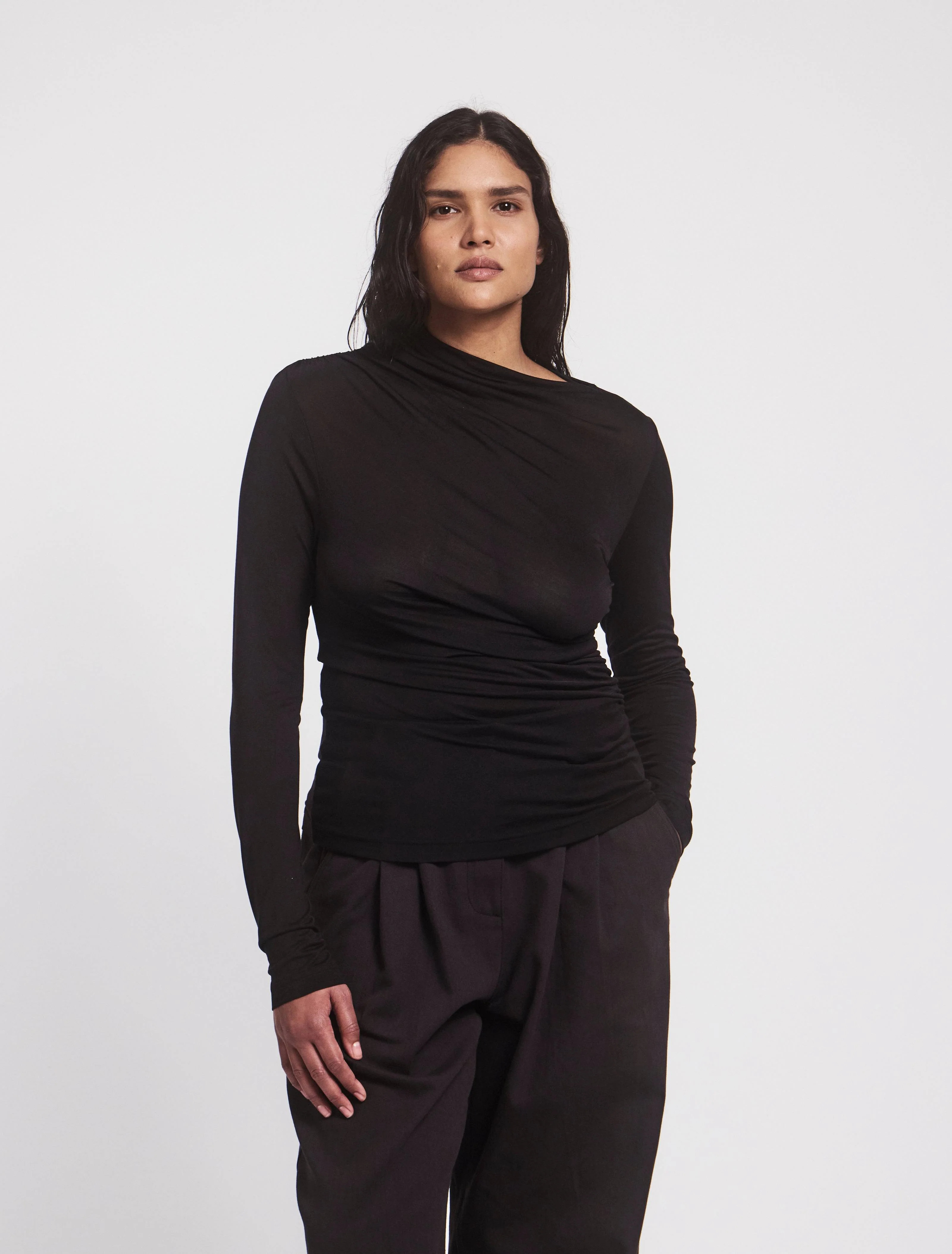 Iphis Draped Long Sleeve Top in Black | NinetyPercent