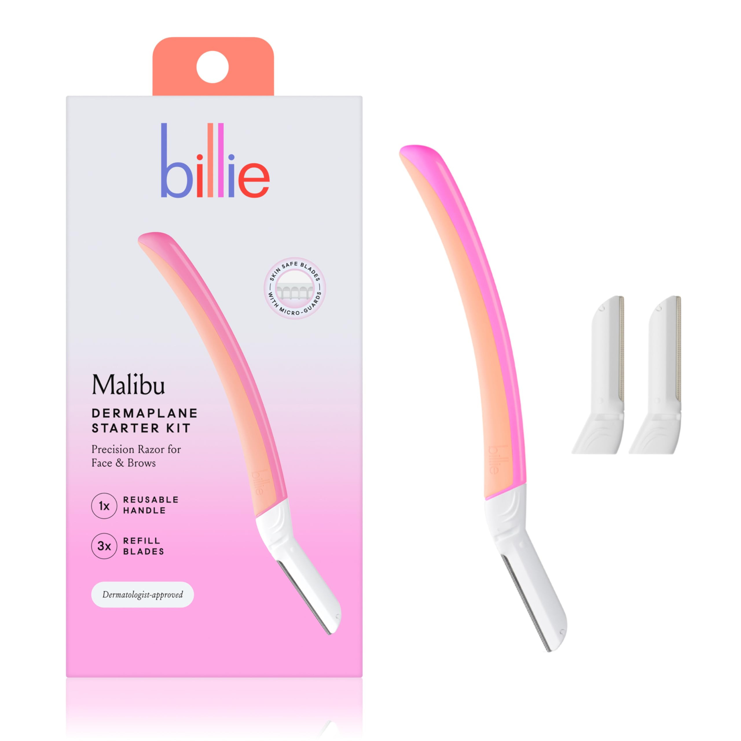 Billie - Dermaplane Starter Kit - Reusable Handle + 3 Refill Blades - Remove Facial Hair + Perfectly Shape Brows - Dermatologist-Approved - Malibu | Amazon (US)