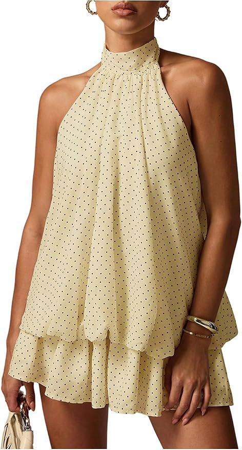 OYOANGLE Women's Chiffon Halter Dress Tie Backless Ruffled Short Bubble Dress Y2K Going Out Sundr... | Amazon (US)