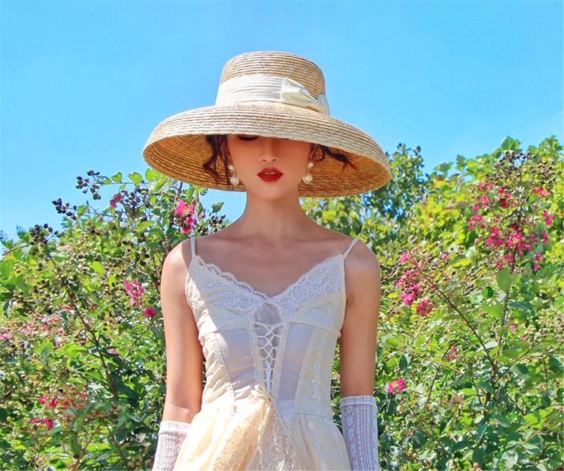 Audrey Hepburn Straw Hat Ribbon Women , Wide Brim Straw Lampshade Hat, Wedding Hat for Bridesmaid... | Etsy (US)