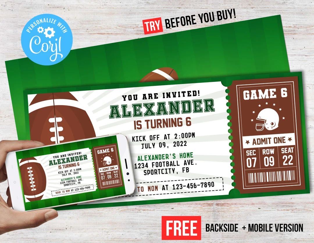 Football Ticket Birthday Invite Sports Party Invitation Ticket Printable Tag Editable Template In... | Etsy (US)