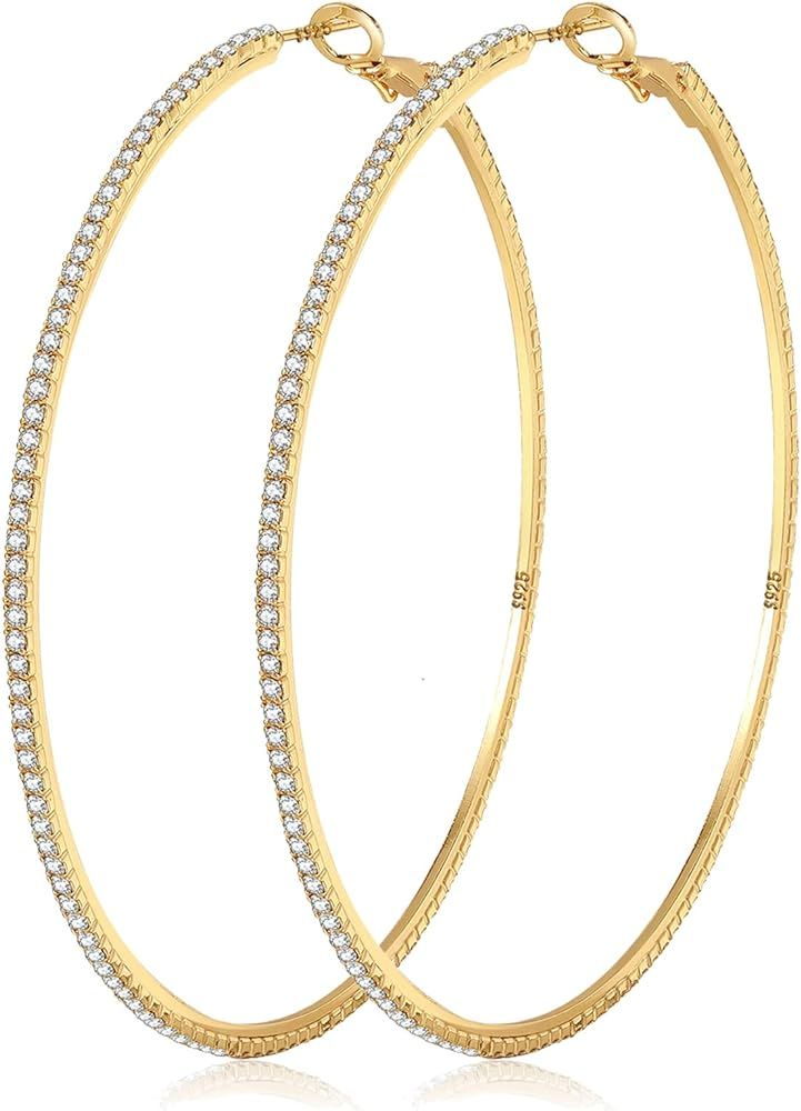 MOROTOLE 14K Gold Rhinestone Hoop Earrings Fashion Thin Big Hoop Earrings Hypoallergenic Gold Hoo... | Amazon (US)