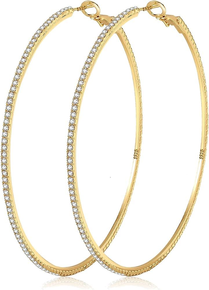 MOROTOLE 14K Gold Rhinestone Hoop Earrings Fashion Thin Big Hoop Earrings Hypoallergenic Gold Hoo... | Amazon (US)