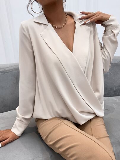 Solid Notch Neck Surplice Front Blouse | SHEIN