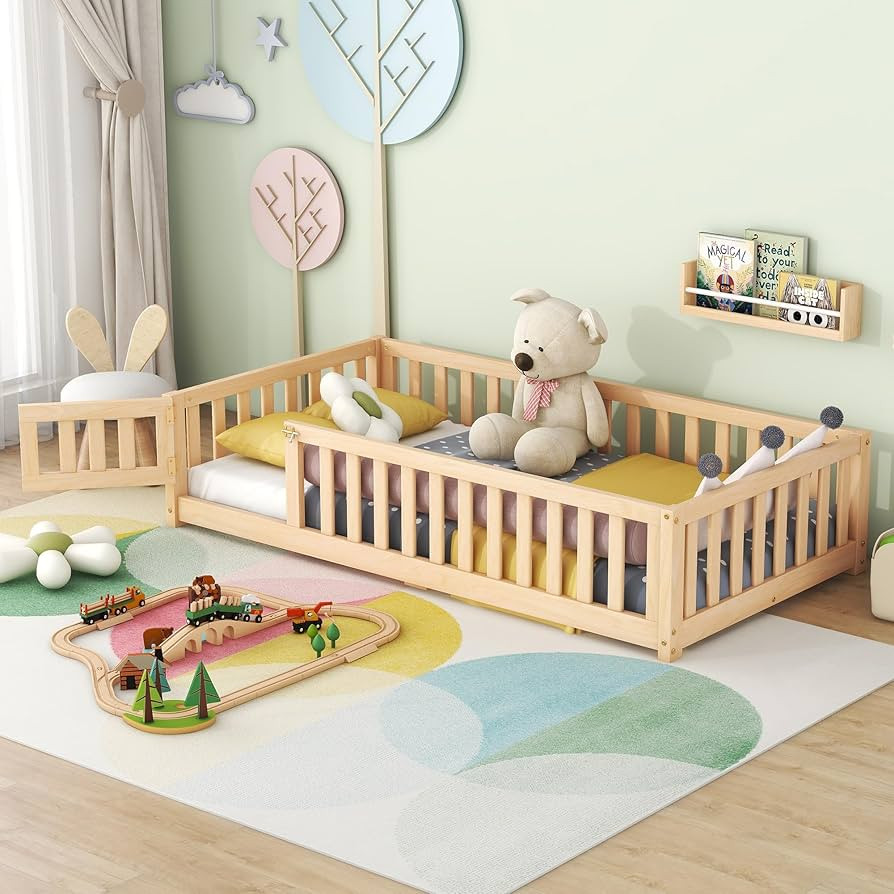 Twin Size Montessori Floor Bed Frame with Safety Fence & Convertible Door, Toddler Playhouse Floo... | Amazon (US)