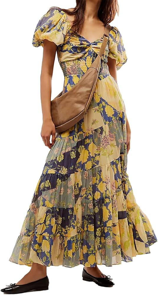 Women Floral Maxi Dress Short Puff Sleeve V Neck Bohemian Flowy Dress Smocked Casual Spring Summe... | Amazon (US)