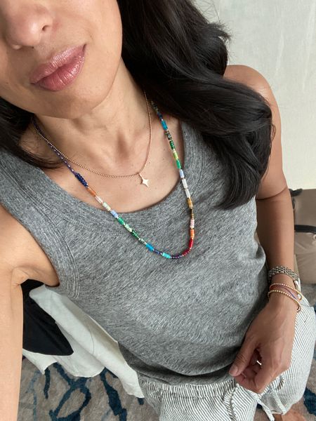 One of my favorite tank tops is on sale 20% off. True to size for me. I’ve worn it multiple times since I got it last year and it still looks and feels great. The cut is perfect. 
Summer outfit. 
Spring outfit. 
Code HINTOFGLAM to save on gold charm next. 
Code NAOMI20 to save on colorful necklace. 
Lip combo is my current fave for pinky nude:  lipstick in baby and lip gloss in taupe  

#LTKFindsUnder50 #LTKxMadewell #LTKSaleAlert