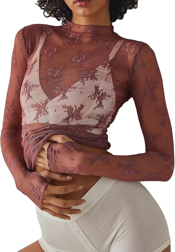 Sheer Mesh Long Sleeve Layering Top for Women Mock Neck Floral Lace Tshirt See Through Tee Shirt ... | Amazon (US)