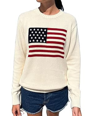 American Flag Sweater Women Loose Vintage USA Pullover Sweatshirt Preppy Long Sleeve Crewneck Kni... | Amazon (US)