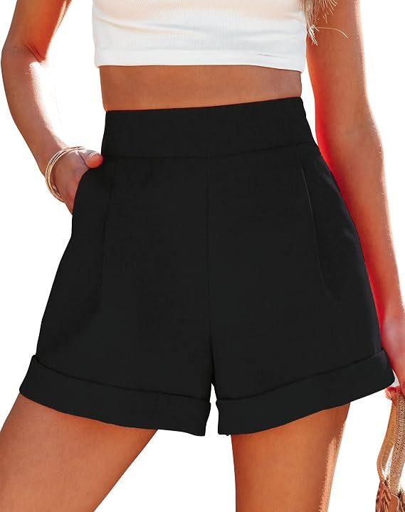 Uincloset Casual Elastic High Waist Denim Shorts Summer Rolled Hem Pocketed Shorts Comfy Wide Leg... | Amazon (US)