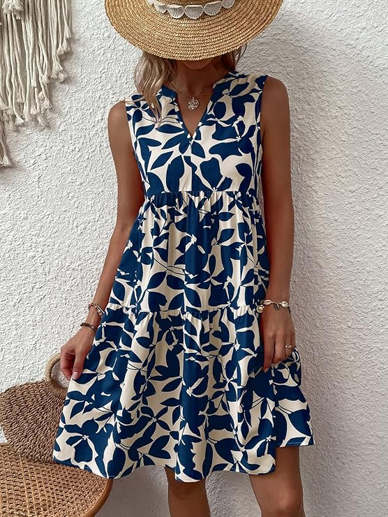 SOLY HUX Women's Summer Boho Print Notched V Neck Sleeveless Ruffle Hem Loose Dress | Amazon (US)