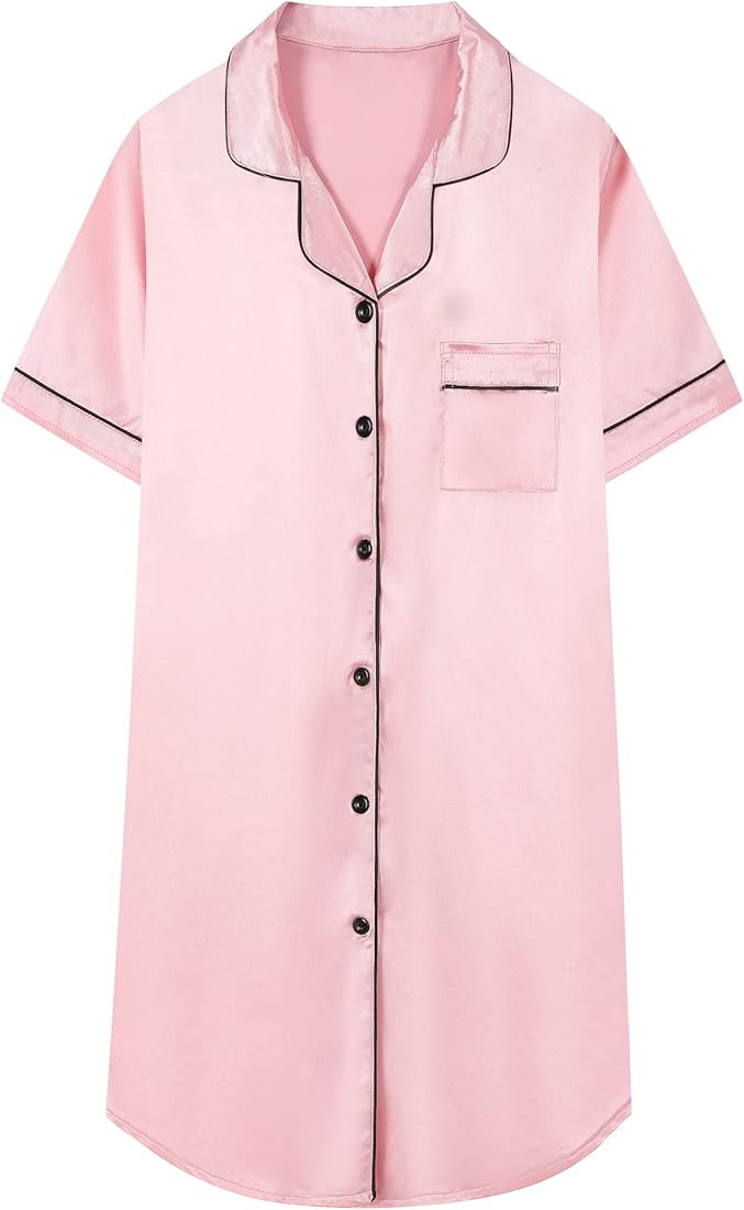 Schbbbta Girls Satin Nightgown, Button Down Short Sleeve Silky Sleepwear Nightshirt Dress | Amazon (US)