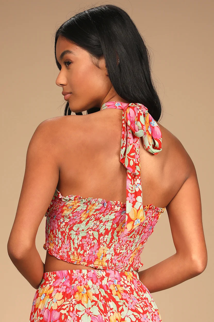 Living Breezy Red Multi Floral Print Smocked Halter Crop Top | Lulus (US)