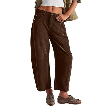 Audhol Corduroy Pants Women Women s Corduroy Pants Barrel Mid Elastic Waist Pants Casual Wide Leg Baggy Trouser with Pockets Elastic Waist Trendy Loose Casual Fall Trousers Pants Brown M | Walmart (US)