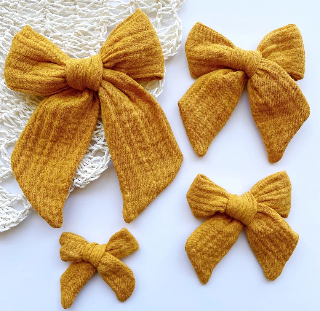 Yellow Gauze Muslin Bow, Easter Mustard Hair Bow, Gold Yellow Bow, Large Yellow Cotton Bow, Easte... | Etsy (US)