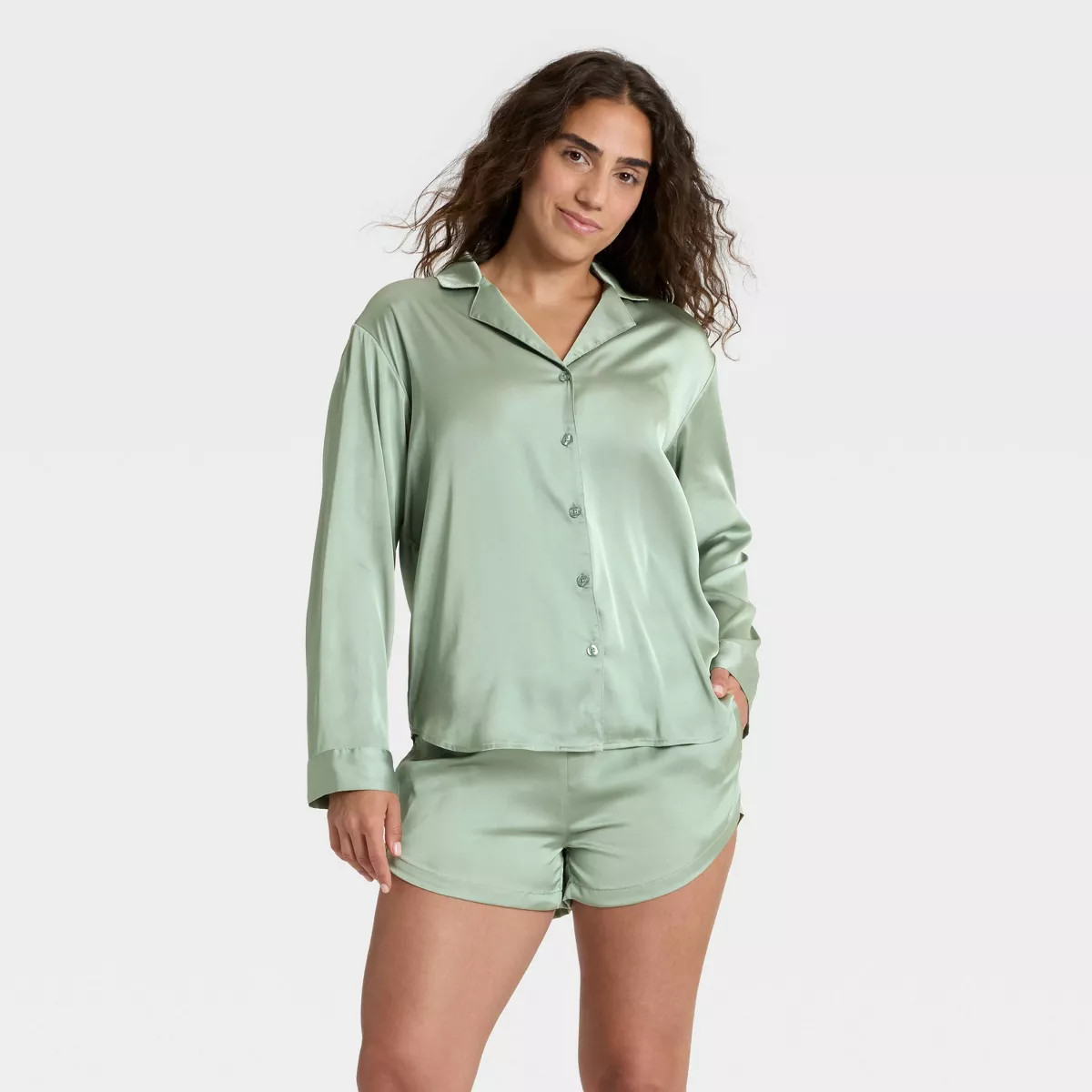 Women's Satin Notch Collar Long Sleeve Shirt and Shorts Pajama Set - Auden™ | Target