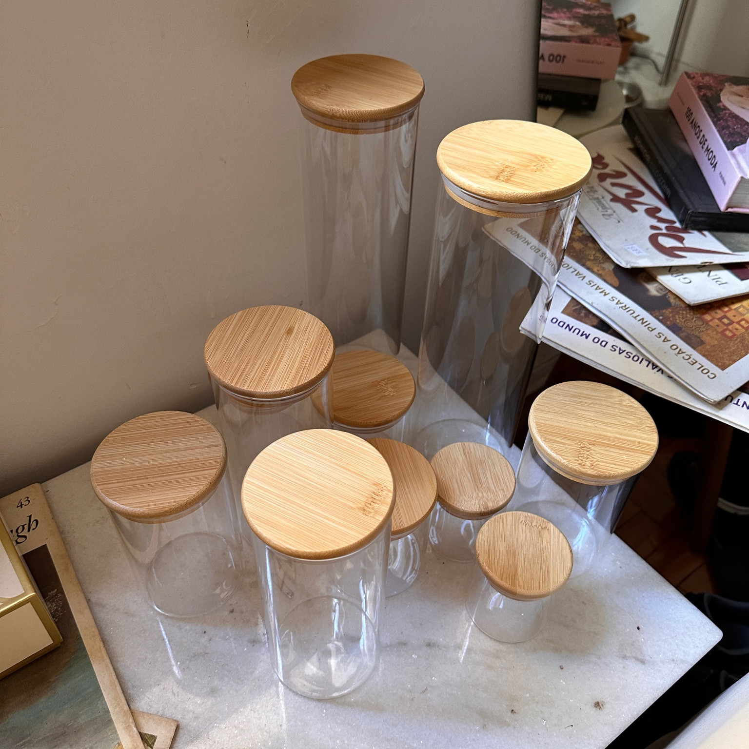 kit potes herméticos com tampa de bambu