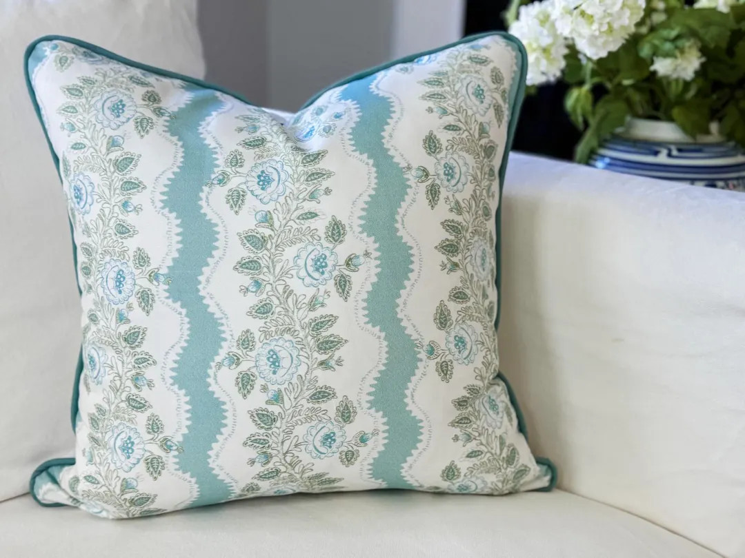 Whitney English Mint Blue Floral Stripe Pillow Cover - Grandmillennial Decor - Etsy | Etsy (US)