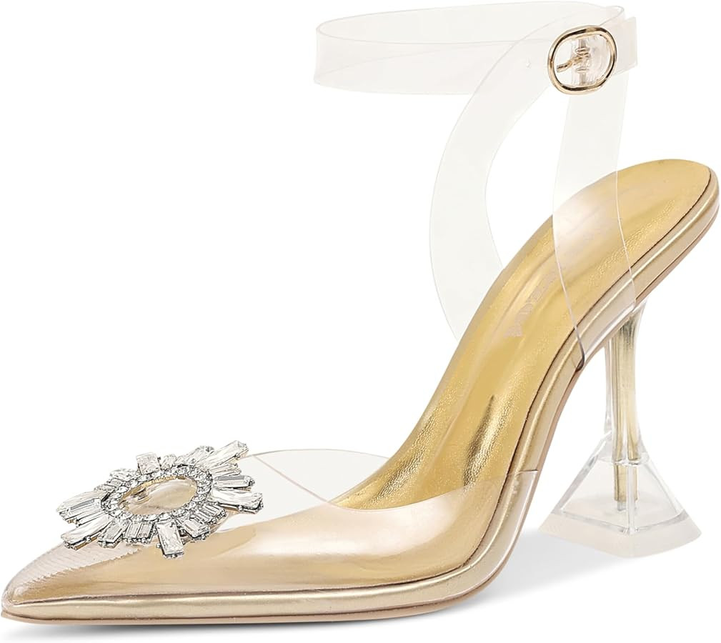 Fericzot Women's Clear Heels Shoes,Slingback Crystal Rhinestones Wedding Pointed Toe Shoes High H... | Amazon (US)