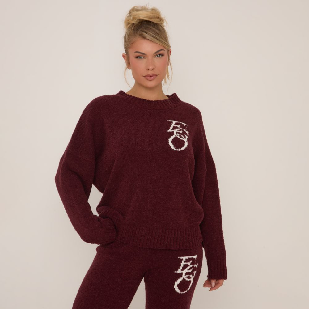 Long Sleeve Crew Neck Ego Graphic Oversized Jumper In Burgundy Knit | EGO (UK)