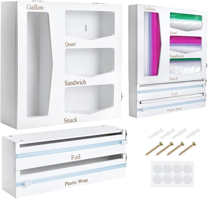 Ziplock Bag Storage Organizer, Foil & Plastic Wrap Dispenser with Cutter, Zip Lock Bag Container ... | Amazon (US)