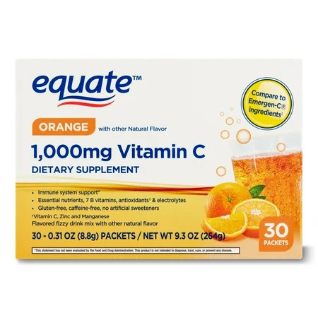 Equate 1000mg Vitamin C Powder Supplement for Immune Support Drink Mix, Orange - 30ct, Compare to Emergen-C® Ingredients | Walmart (US)