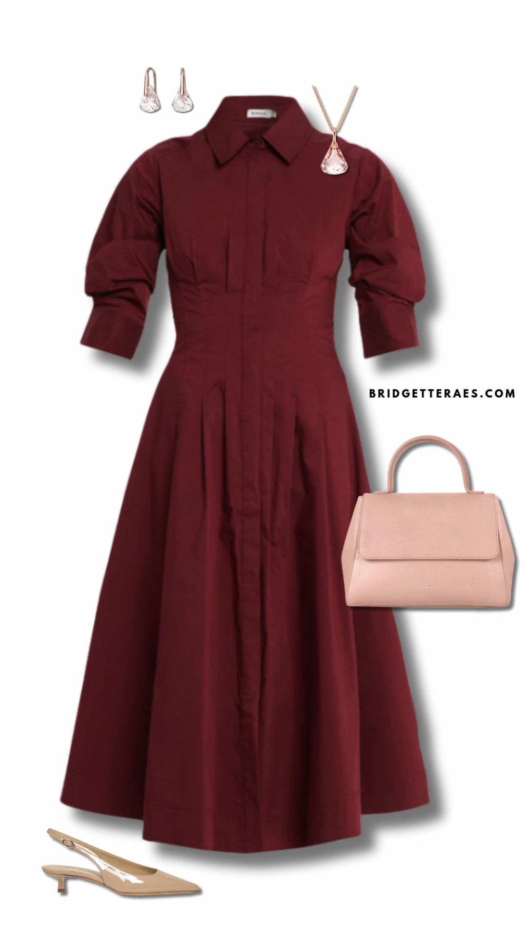 This look captures timeless elegance with a quietly powerful presence, centered around a beautifully tailored deep burgundy shirt dress that blends classic structure with graceful movement. The defined waist, crisp collar, and softly flared skirt create a silhouette that feels both polished and feminine, making it ideal for moments that call for confidence without excess. Delicate blush-toned accessories—including the refined top-handle handbag, luminous drop earrings, and coordinating pendant—soften the richness of the dress while adding a sense of thoughtful sophistication. Nude slingback heels elongate the line and keep the palette refined and balanced, ensuring the focus remains on the commanding simplicity of the ensemble. 

#LTKootd #LTKOver40 #LTKWorkwear