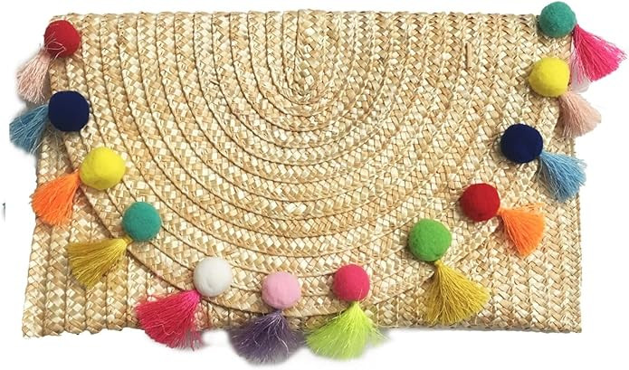 T&J Designs Straw Pom Pom and Tassel Clutch - Colorful Summer Bag | Amazon (US)