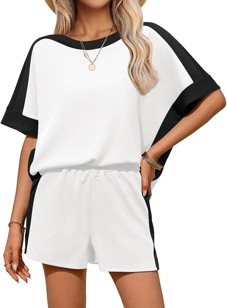 Tankaneo Womens 2 Piece Summer Outfits Oversized Short Sleeve Tops and Shorts Matching Sets Color... | Amazon (US)