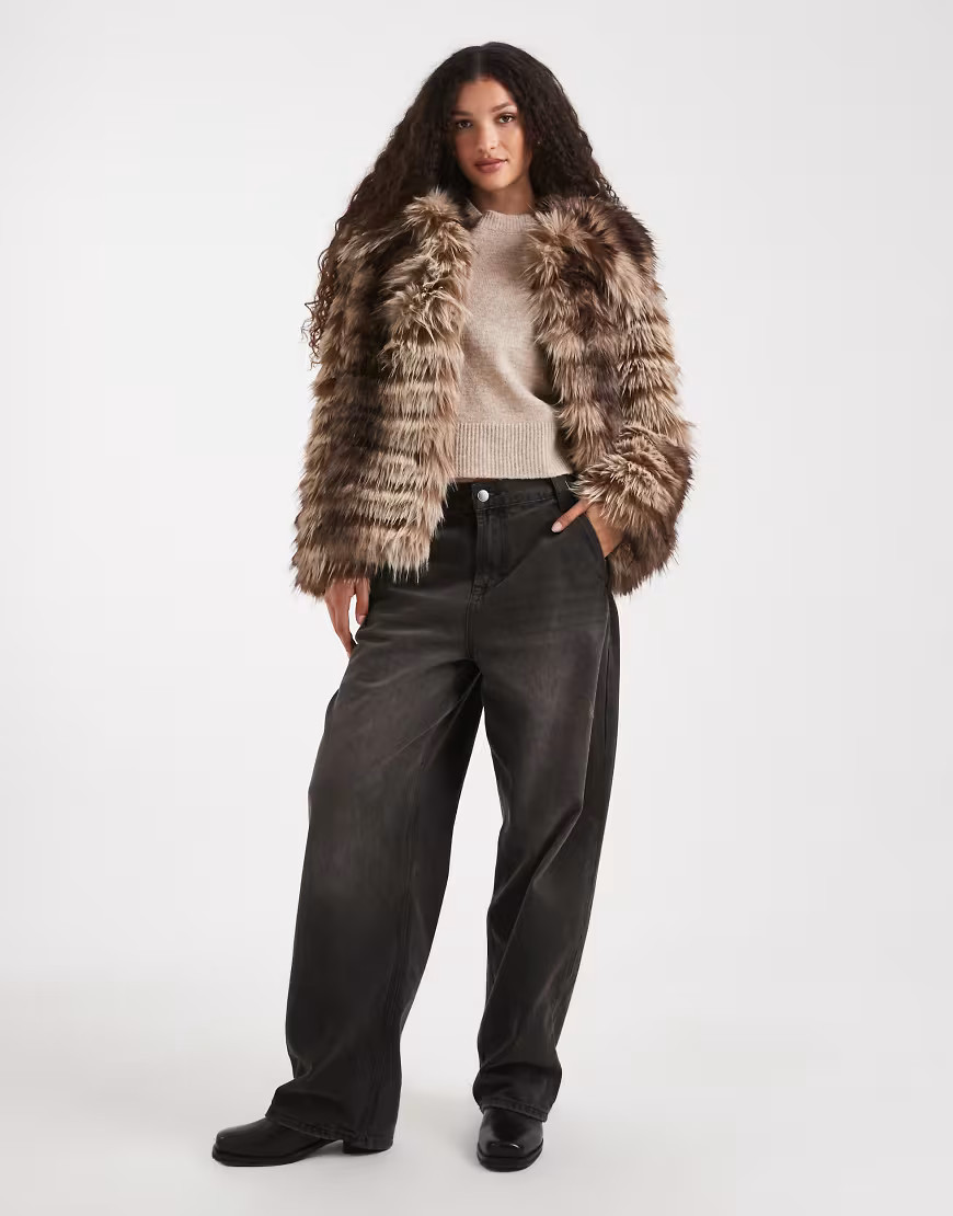 ASOS DESIGN patched stripes short faux fur jacket in brown | ASOS (Global)