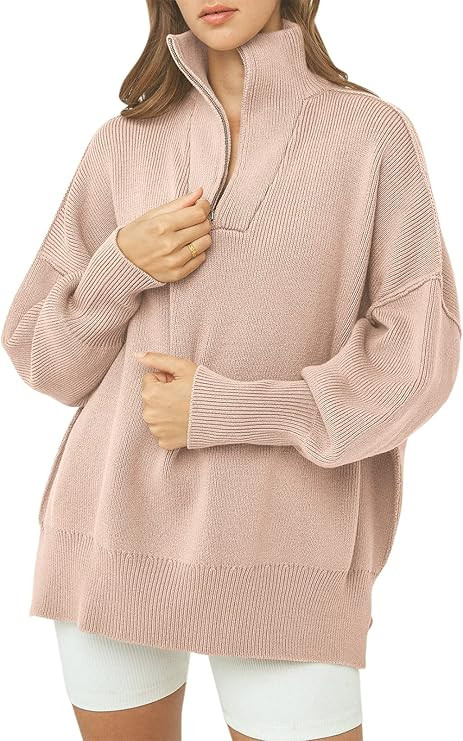 ANRABESS Women's Oversized Sweater 2023 Fashion Long Sleeve Quarter Zipper Collar Drop Shoulder S... | Amazon (US)