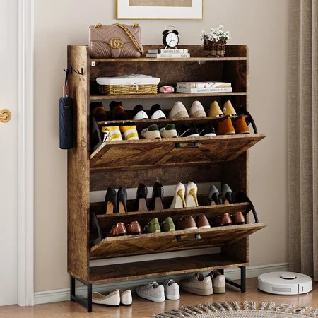 FANRAL Shoe Storage Cabinet for Entryway,2 Flip Drawer & Open Storage Shoe Rack Organizer,Wooden Narrow Shoes Cabinet,Brown | Walmart (US)