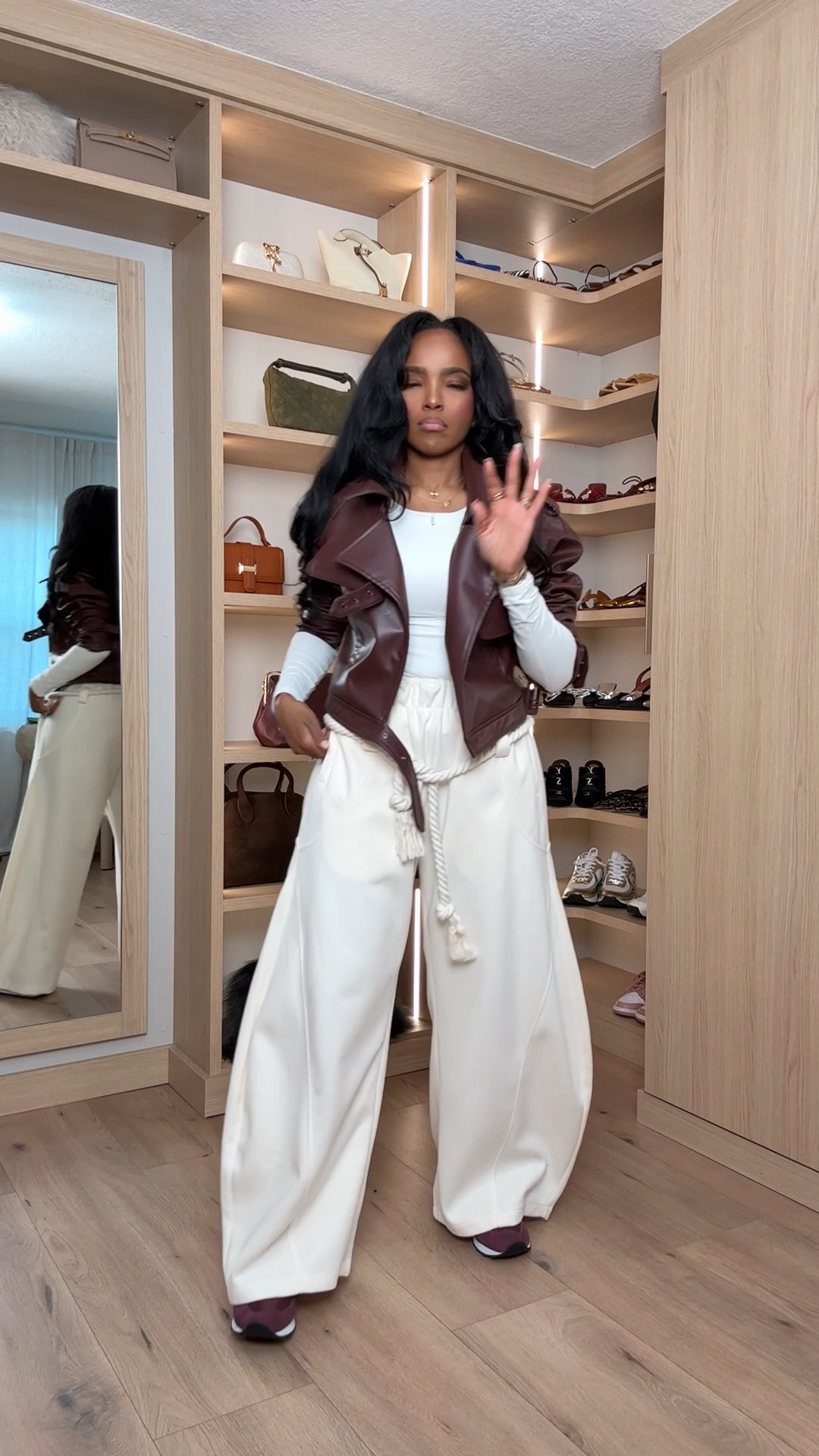 An elevated mix of structure and flow — these dramatic wide-leg trousers paired with a rich burgundy moto jacket make the perfect high-fashion winter combo. The rope-tie waist adds a soft, unexpected detail, while the cropped jacket balances the volume beautifully for a sculpted, modern silhouette.

Perfect for brunch dates, winter outings, fashion-forward events, and any moment you want an effortlessly chic statement look.

📏 Sizing: Jacket size Small; Top size Small; Pants size Small  
📐 Measurements: 5'4", 138 lbs, 34D bust, 27" waist, 40" hips  

Tap to get details — everything is linked for easy shopping.

Featuring wide-leg statement trousers, winter layering essentials, burgundy moto jackets, high-fashion street style, neutral tonal outfits, and elevated day-to-night styling inspiration.

Follow me on Instagram and YouTube @kirasfashionfinds  

#LTKootd #LTKgrwm